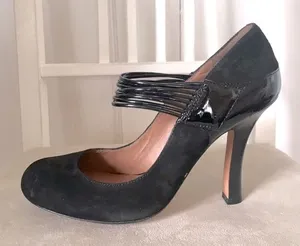 Black Suede Mary Jane Pumps High Heels w/ Snap Closure, sz. 38 (7.5 US)-NWT thumbnail 1