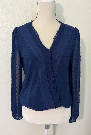 Mi Ami Navy Blue Swiss‎ Dot Lace Trim Faux Wrap Long Sleeve Blouse Medium thumbnail 1