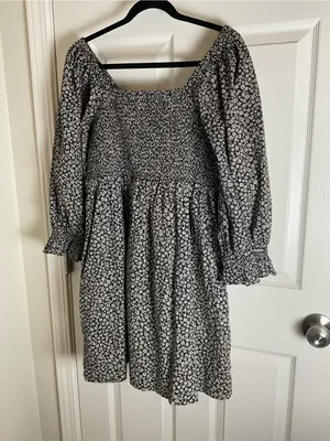 Madewell Black Floral Smocked Mini Dress Medium Cottagecore Puff Sleeve thumbnail 8