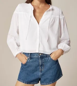 NWT J.Crew Smocked Cotton Popover top in cotton voile Blouse White Eyelet Trim M thumbnail 1