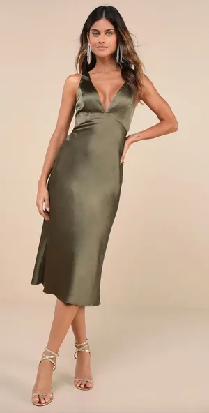 Lulus Unmatched Elegance Olive Satin Sleeveless Midi Dress Cocktail Party L NWT thumbnail 1