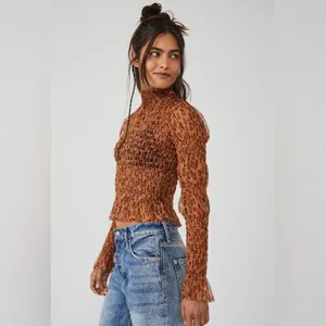FREE PEOPLE Sheer Leopard Print Smocked Long Sleeve Top Mock‎ Neck Size XS New thumbnail 4