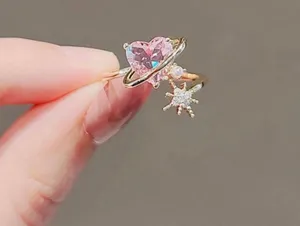 18K Gold Plated Adjustable Pink Crystal Love Heart Ring for Women thumbnail 1