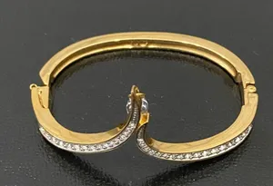 SWAROVSKI Vintage Signed Gold-tone Hinged V Bangle With Teardrop Crystal Charm thumbnail 6