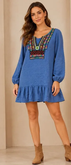 Entro Blue Embroidered Bib Ruffle Hem Mini Dress Boho Long Sleeve D3748 Small thumbnail 1