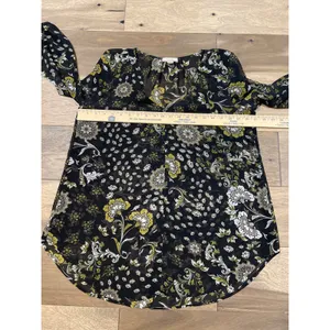 LOFT Outlet Blouse Size M Black Olive Paisley Floral Sheer V Neck Long Sleeve thumbnail 6
