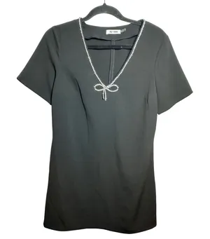 Day + Moon Black Rhinestone Bow V Neck Short‎ Sleeve Mini Dress thumbnail 1