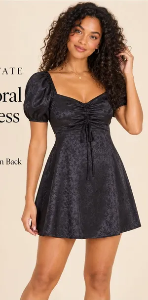 Title: Altar’d State Black Satin Floral Puff Sleeve Open Back Mini Dress M thumbnail 1