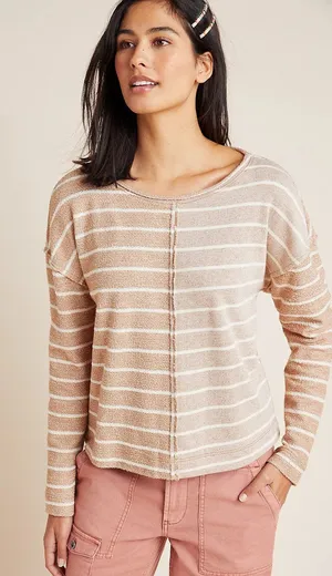 Anthropologie Womens Sweatshirt‎ Size XS Devin Textured Striped Tan Cream thumbnail 1