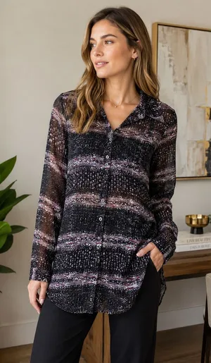 Cabi Large Semi Sheer Button Front Blouse Black Abstract Print Long Sleeve Top thumbnail 1
