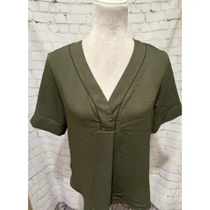 Ann Taylor Olive Green V-neck Tunic Pleated Front Short Sleeve Size Small thumbnail 2
