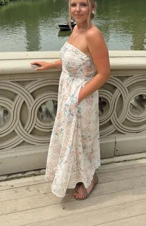 PRINTED EYELET MIDI STRAPLESS DRESS White thumbnail 2