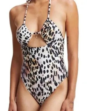 Good American Ruched Halter One-Piece Swimsuit Cheetah Rose Print Size 6 (3X) thumbnail 1