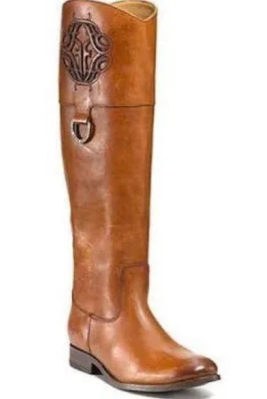 Frye Melissa Logo Leather Riding Boots Cognac Brown Sz 6.5 thumbnail 1