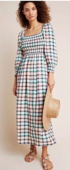 Maeve Anthropologie Plaid Smocked Maxi Dress XS Cottagecore Prairie Long‎ Sleeve thumbnail 1
