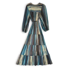 Elan Blue Abstract Stripe Mesh Wrap Tiered Maxi Dress PM50037 Medium NWT thumbnail 3