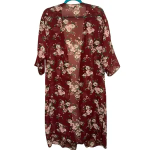 LulaRoe Shirley Medium Red Floral Sheer Duster Kimono‎ Open Front thumbnail 3