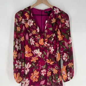 Maggy London Desert Bloom Floral Long‎ Sleeve A-line Dress In Wine Ruffle Trim 2 thumbnail 5