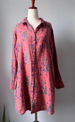 NATURAL LIFE Pink Floral Button-Front Long Sleeve Dress Cotton Oversized Pockets thumbnail 1