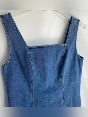 Habitual medium wash denim Stretch midi dress sleeveless fall transition Large thumbnail 3
