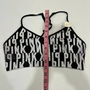 PINK Victoria’s Secret Logo Sports Bra Medium – Black White Racerback Compressio thumbnail 5