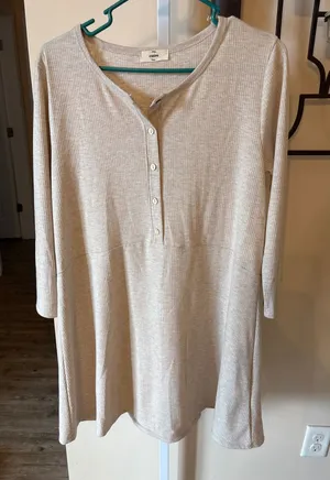 Entro Ribbed Henley Tunic Top Long Sleeve Babydoll Oatmeal Beige Women Small thumbnail 1