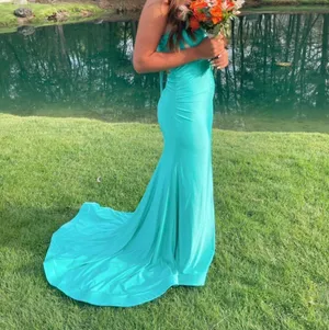 Teal prom dress with train Blue Size M thumbnail 2