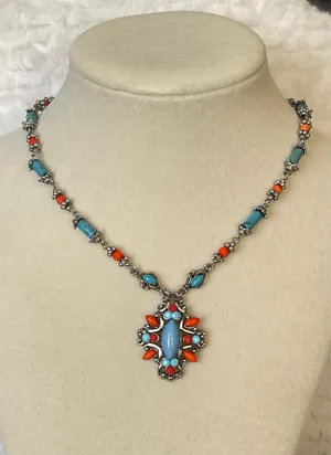 Southwestern Turquoise Coral Style Necklace Silver Tone Statement Pendant Boho thumbnail 1