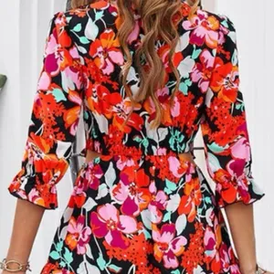 Floral Ruffle Trim A Line Dress Midi Length Boutique Dress Side Slit in Multi thumbnail 5