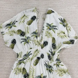 Blue Island Tropical Maxi Dress Sz L Pineapple Palm Print Rayon Tiered Open Back thumbnail 10