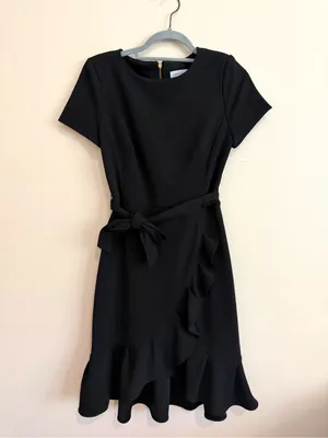 Calvin Klein Black Wrap Ruffle Tie-Waist Crepe Dress Size 4 thumbnail 4