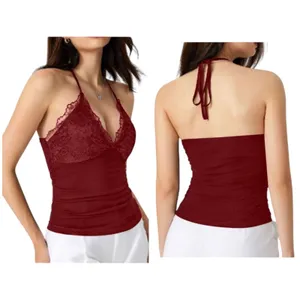 Romwe Whimsigoth Y2K Size S Top Contrast Lace Ruched Tie Back V-Neck Top Vest Red thumbnail 2