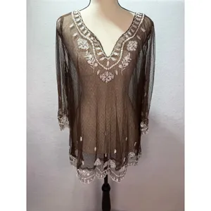 Sundance Brown Mesh Embroidered Tunic Top V-Neck 3/4 Sleeve Boho Floral Large thumbnail 7
