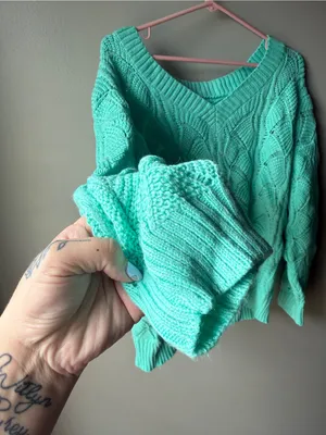 Mint Green Cable Knit V-Neck Sweater Coastal Cottagecore Soft Women’s thumbnail 3