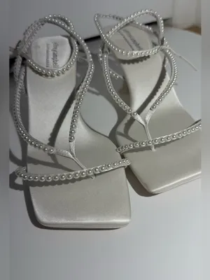 NWOT Free People Jeffrey Campbell White Pearl-Strap Kitten Heel Sandals thumbnail 5