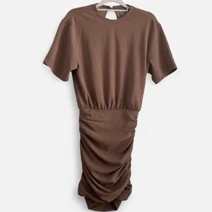 Abercrombie & Fitch Taupe Ruched Mini Dress – Bodycon Short Sleeve Neutral xs thumbnail 2