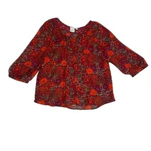 Fred David Women's XL Red Floral Sheer 3/4 sleeves Blouse Dainty Lace‎ Neckline thumbnail 2