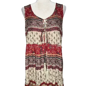 Beach Lunch Lounge Maxi Dress M Tiered Rust Tan Batik Sleeveless Hippie Boho thumbnail 4