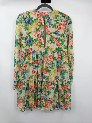 AFRM Floral Mesh Tiered Mini Dress‎ Small Long Sleeve Babydoll Multicolor thumbnail 4