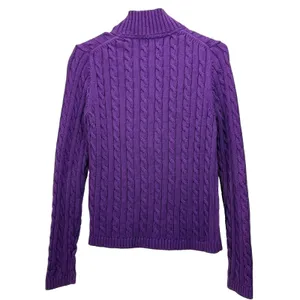 LL Bean Purple Mock Neck Full Zip Cable Cotton Cardigan Sweater Size SMALL thumbnail 6