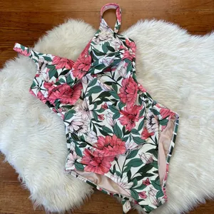 Pink White & Green Floral Open Back Ruched One Piece Swimsuit thumbnail 1
