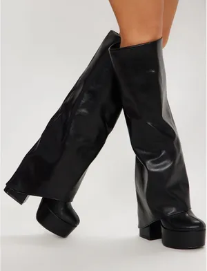 FashioNova Platform Overlay Boots - Black thumbnail 1