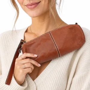 Patricia Nash Tan Leather Cosmetic Pouch Pencil Case Contrast Stitching thumbnail 1