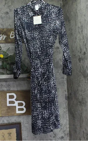 NWT Calvin Klein Midi Belted Dress Button Up Shirtdress Abstract Inkwell Blue S thumbnail 1