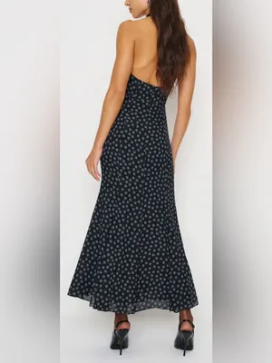 NEW REFORMATION Noele Maxi halter Dress blue Black polka dot sz 2 thumbnail 3