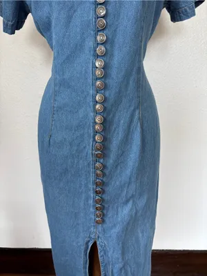 Vintage 80s Western V-Neck Faux Button-Front Light Blue Denim Midi Dress thumbnail 3