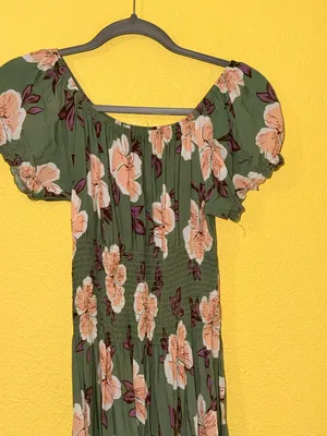 Olive Green Floral Maxi Dress with Puff Sleeves thumbnail 1
