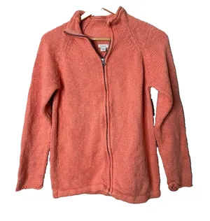 LL Bean Womens Sweater Medium Full Zip Cardigan Peach Mock Neck Cotton Outdoor‎ thumbnail 1