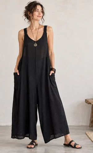 Hunter & Brown Linen Blend Womens Jumpsuit Sz L Lagenlook Boho Artsy Wide Leg thumbnail 1