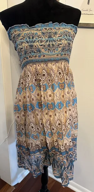 Raviya Smock Tube Dress Strapless Size Medium Blue Beige Paisley Boho Beach NEW thumbnail 1
